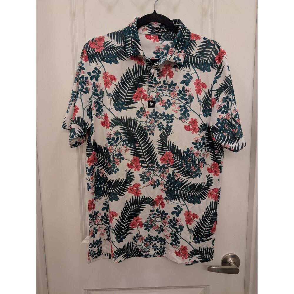 Bad Birdie Floral Golf Polo Shirt Men's Small White Pink Green Tropical